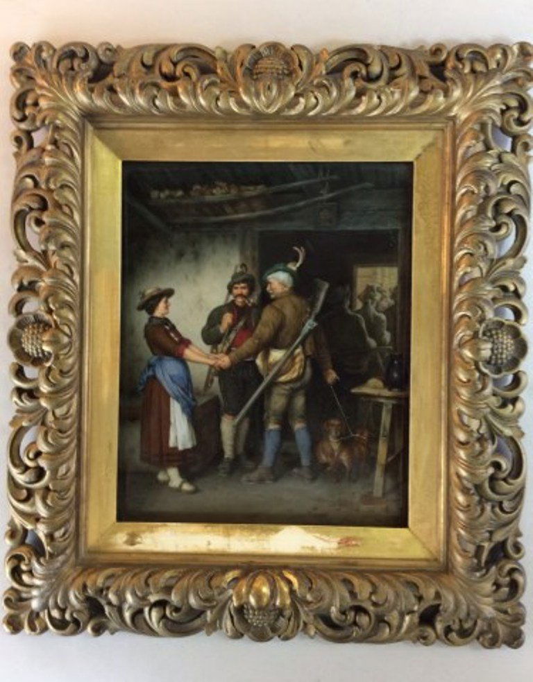 KPM PORCELAIN PLAQUE: The finely painted plaque depicts an interior scene with hunters and dogs possibly departing a tavern on a hunt. Mounted in an elaborate gilt frame. Incised marking on back K.P.M. with septure mark pa