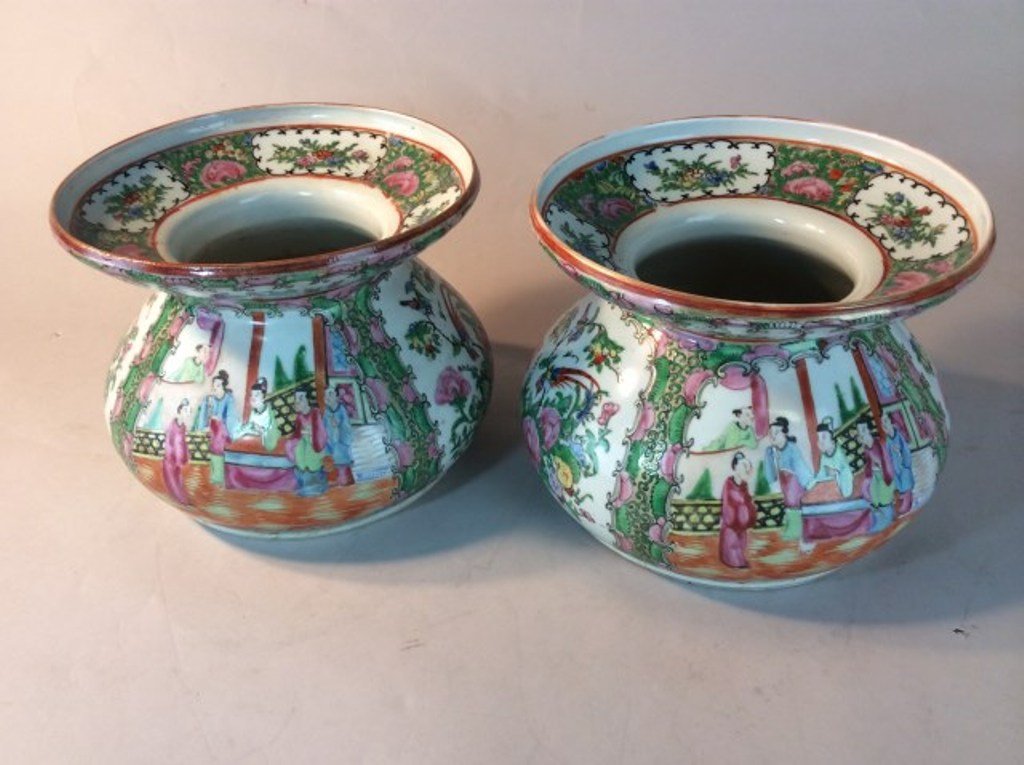 PAIR ROSE MEDALLION BAG FORM VASES: Paint decorated with courtesans and garden, Maker's mark in China. 7 1/2"H X 10" Diameter