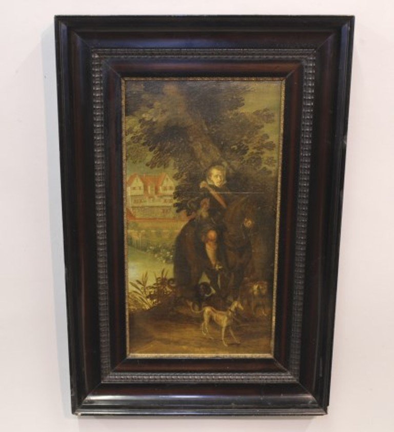 CONTINENTAL SCHOOL (17TH/18TH CENTURY): Untitled Portrait. Oil on Board. The work possibly Dutch from the late 17th century depicting a Renaissance nobleman on horse, situated in a period frame. 23 X 12 inches. Overall good stable condition