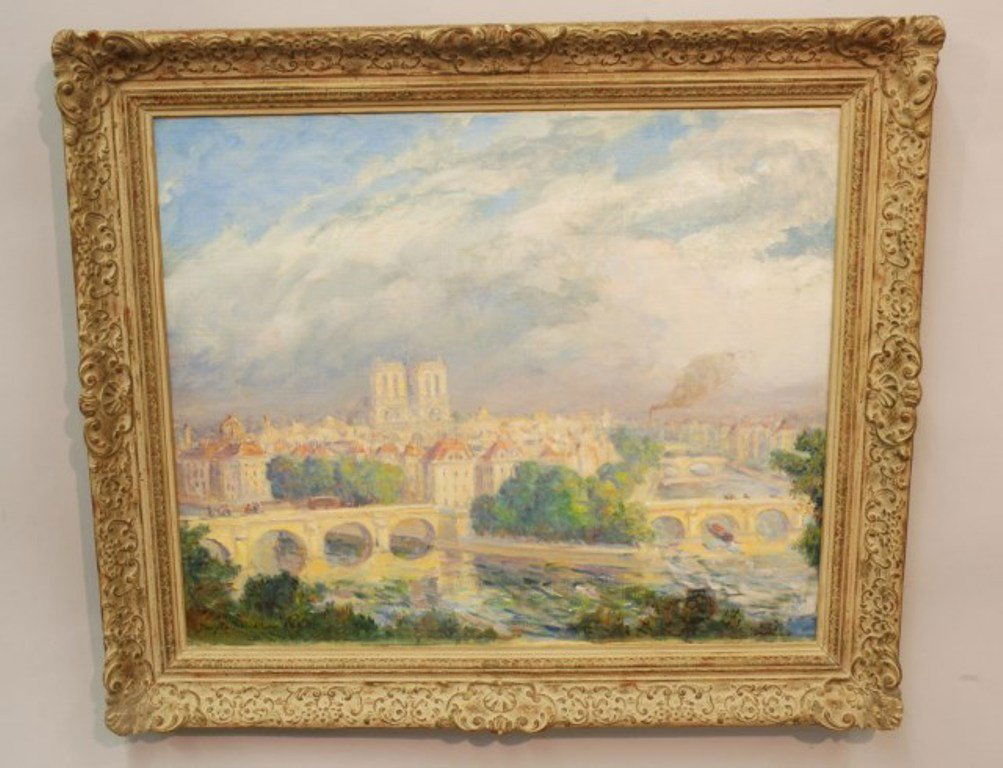 MARY (LOUISE FAIRCHILD) MACMONNIES LOW AMERICAN: 1858-1946. Paris city view oil on canvas. Signed lower right Mary Fairchild Low Ana 1931. Bears small affixed label verso. To F.W. Pratt, DDS Affectionately greetings from Aunt Mary; May 16, 1991 24"H