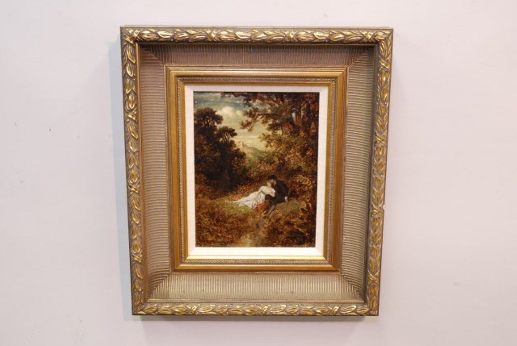 CONTINENTAL SCHOOL (19TH CENTURY): Untitled. Oil on board. Signed Illegibly Lower Left. The work in the manner of Renoir or Manet depicting a male and female, possibly French, in repose in a naturalistic setting. 10 1/2 x 8 inches. Ove