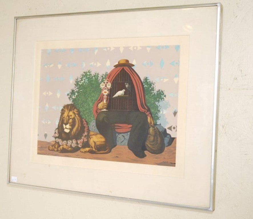 RENE MAGRITTE LITHOGRAPH: Lithograph Les Enfants Trouves after Magritte. 1968. signed lower right Mourlot (Printer) Printed image 12 1/2" H X 17 1/4" W Overall 20" H X 33" W