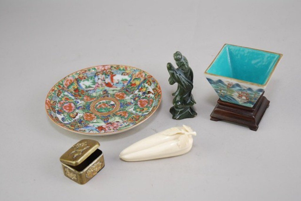 GROUP OF CHINESE OBJECTS: Rose Favrille disk, ivory bottle, jade carving, porcelain square form dish with wooden base, brass pill box. Small vase or dish is 1 3/4" H and 2 5/8" square at top
