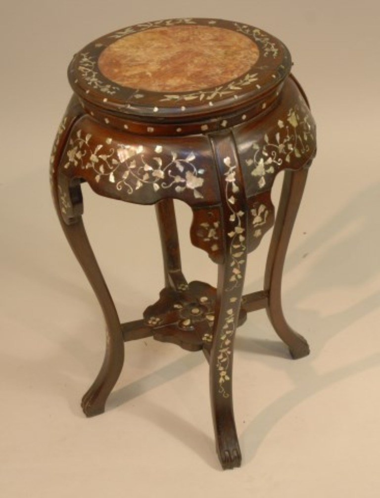 RELIEF CARVED CHINESE DRAGON CHAIR: Minor los-MOP 27"H X 17" Diameter