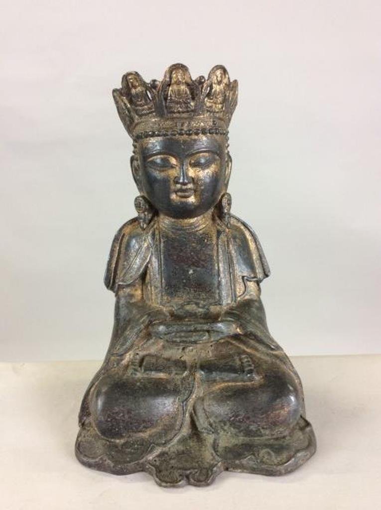 Chinese Gilt Bronze Buddha: Gilt Bronze Buddha, trace of gilt over Darkened Purple bronze patina, . Serene Face, Hands in Dhyana Mudra Position, seated in Lotus position. MARKED on back, QianLong Reign Mark and of Period. 8"H