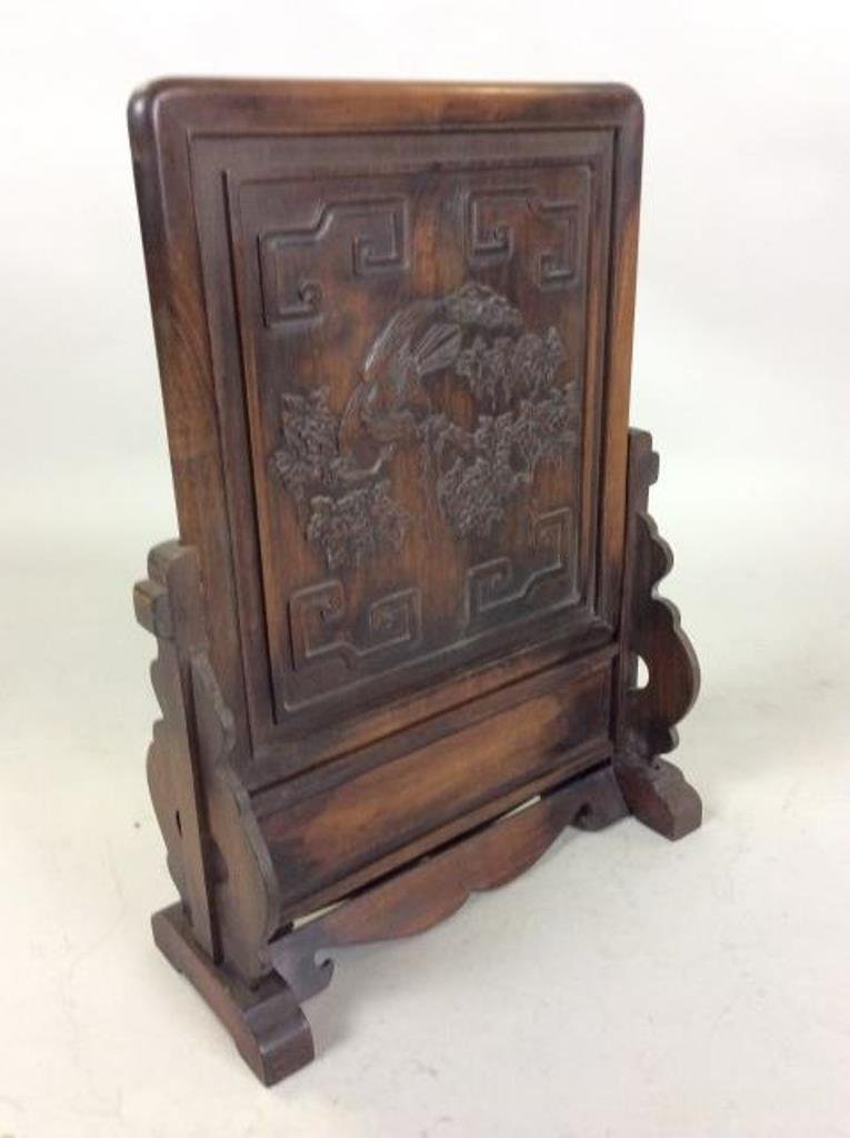 Chinese Table Screen: Chinese table screen, in a rectangular form, with a decorative carved apron at the base. 22"H X 18"W X 17"D