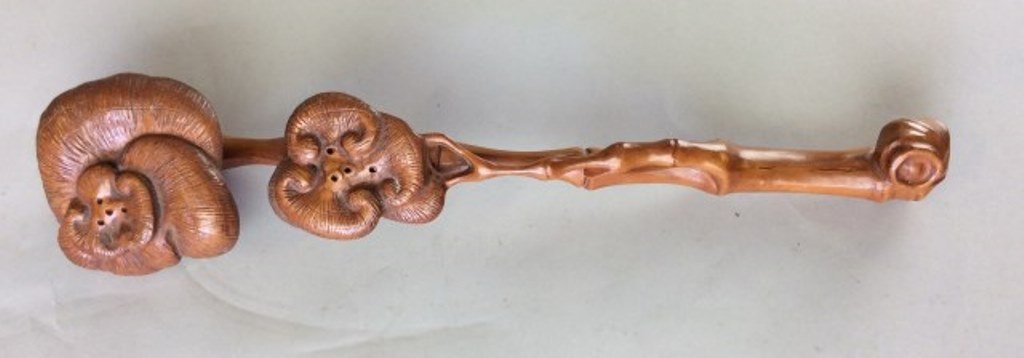 Chinese Carved Ruyi Scepter: Intriquely carved of "LingZhi" Mushroom in a branching Bamboo form. Finely polished. 14"L