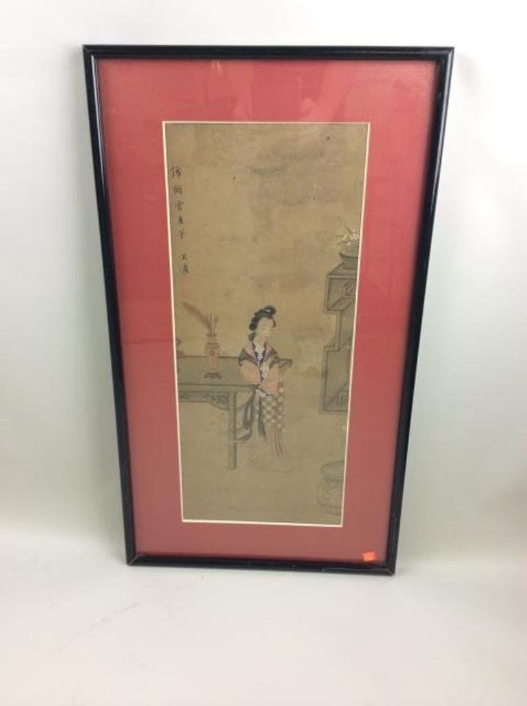 Wang Yo Ping (Ming Dynasty): Chinese painting on rice paper depicting a young woman standing next to a vase with a flower vase. Character marks to upper left labels verso.. Creases and scuffs 26"H X 11"W X 19"L