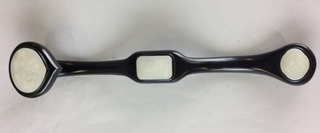Chinese Jade Carved Zitan Wood Ruyi Scepter: Large Zitan wooden Ruyi with three jade attached on it. Three Carved jades are located at the top, middle and bottom of the Ruyi. 20"L