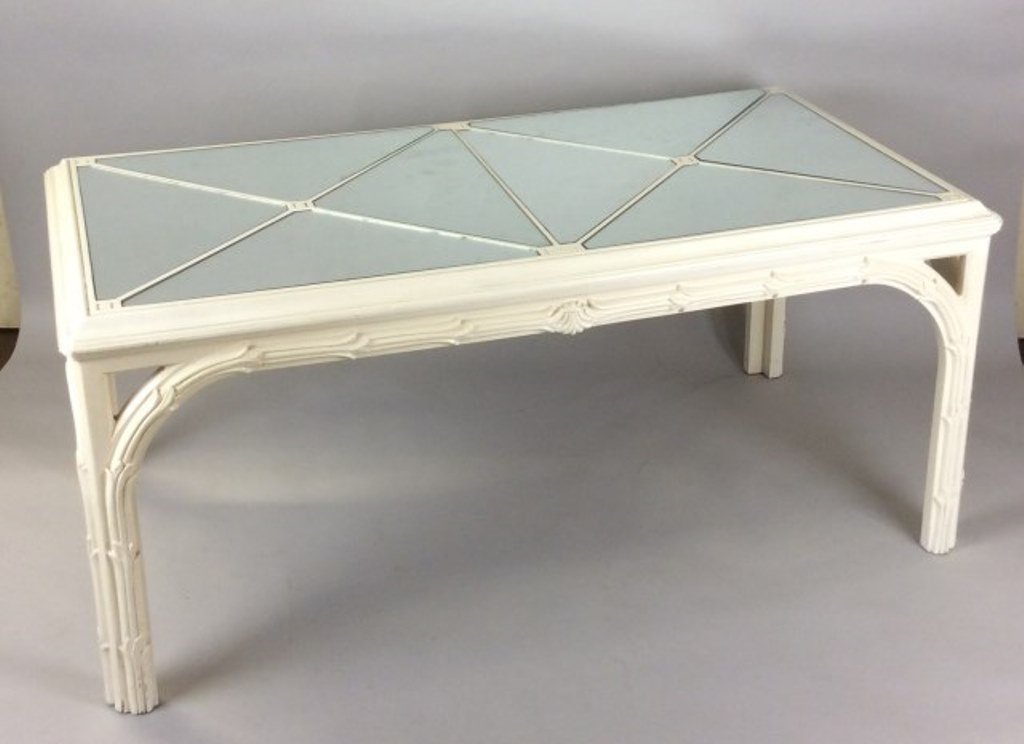 White Lacquer Dining Room Table: The rectangular dining table carved with a faux branch motif has a top inset with eight triangular glass panels. Some scratches to the lacquer. 31"H X 71"L X 38"D