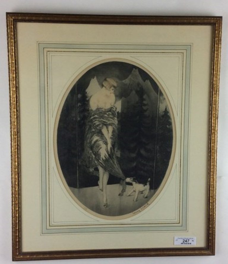 Louis ICart Etching: Dry point etching depicting a women with a terrier tugging at her dress oval format. Matted and framed pencil signed lower right numbered and blind stamped. 18 1/2"H X 4'W sight