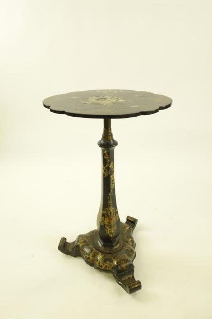 Victorian Paper Mache Stand: Tilting scrolled edge oval top Mother of Pearl and gilt decoration on black lacquer. Supported by a column on a plinth with three scrolled feet. Adjustable height 43" max 271/4"H X 6 1/2"L X 14 1/4"W 