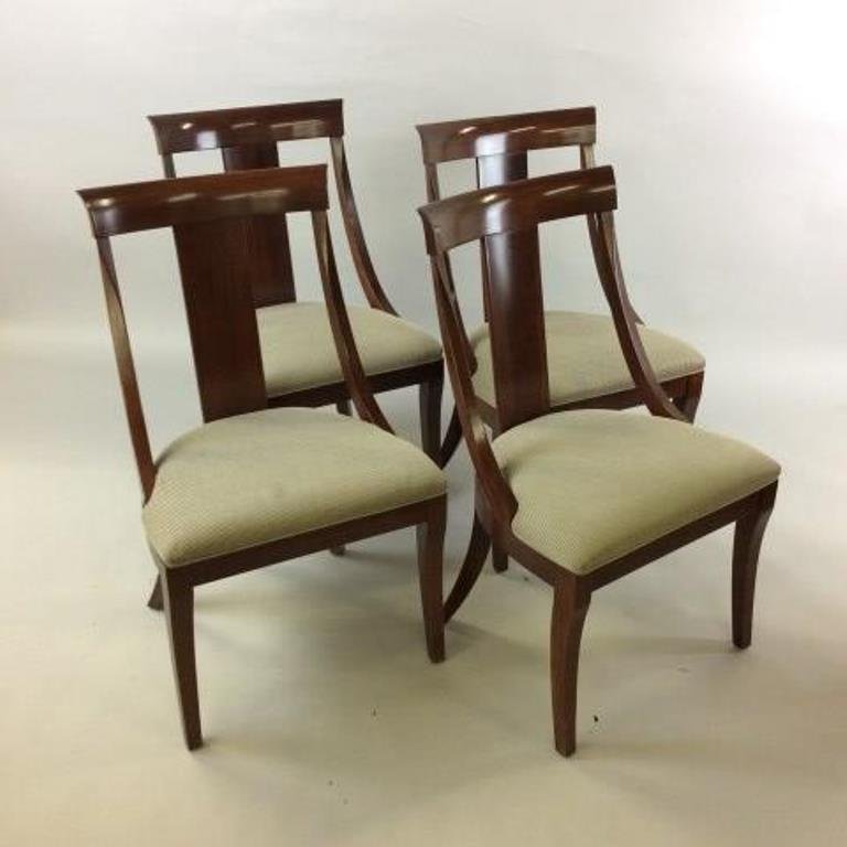 Set of Four Ethan Allen Dining Room Chairs: 20th Century Fruit wood in stripped upholstery. 36" H X 22"W X 18 1/4" L