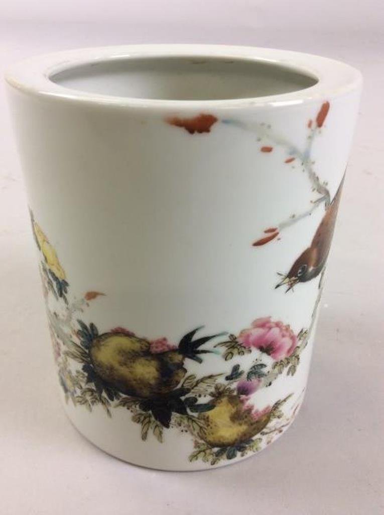 Chinese Republic Porcelain Brush Pot: Chinese Republic Period. Depicted a Bird with rockworks, grass, and flower foliages. MARKED with Red Seal Mark at base. 5"H X 4 1/2"D