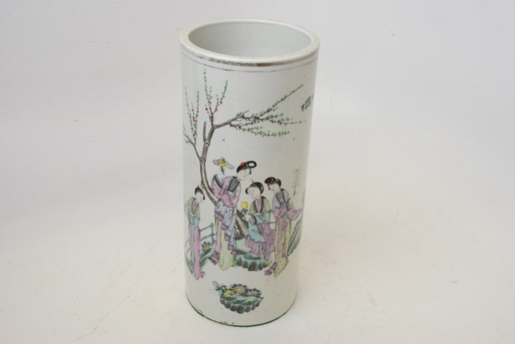 Antique Chinese Vase With Landscape: Signed antique chinese vase with landscape with figure. Red seal mark. 11 1/4"H X 4 7/8" Dia. Good condition