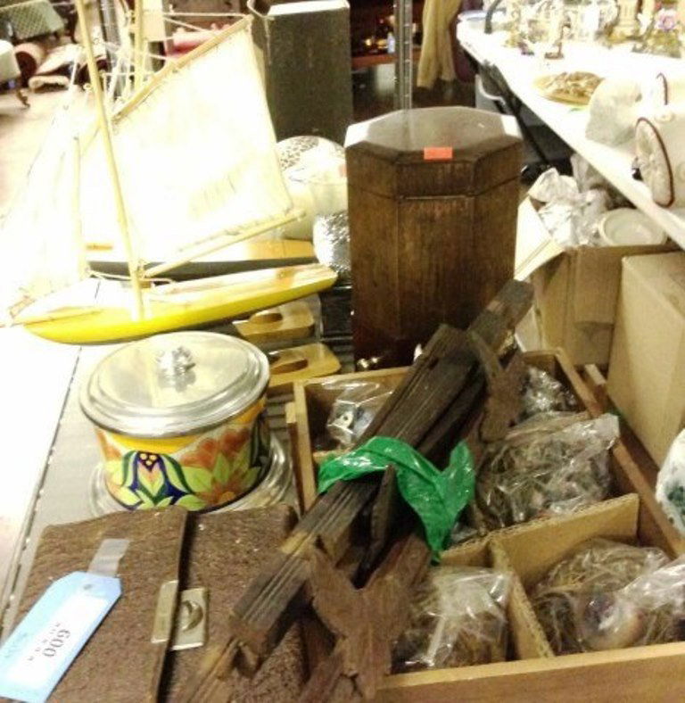 Shelf Lot Miscellaneous Objects: Biscuit jar/ variety set, ship models/ stemware / egg etc