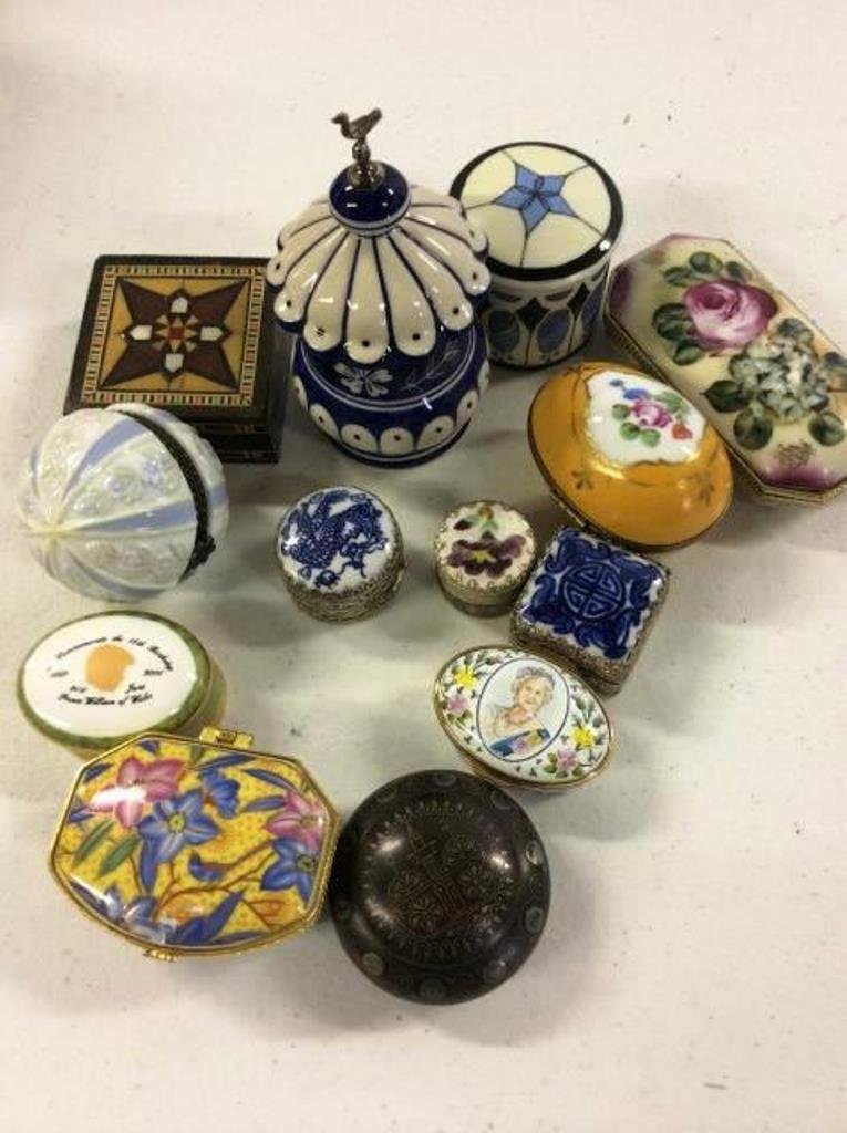 Group Lot of Pill Boxes: Including various porcelain and wood.