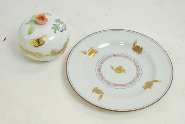 Herend and Hungry Lidded Box and Plate: With floral decoration and gilt decoration with maker's mark to the bottom.