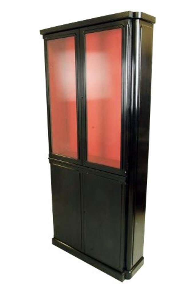 Black Lacquer Cabinet: Ebonized glass door cabinet with interior lacquered "watermelon red". Two upper glass doors and two lower wood doors. Lighted interior. 75 1/2"H X 31"W X 11 1/2D