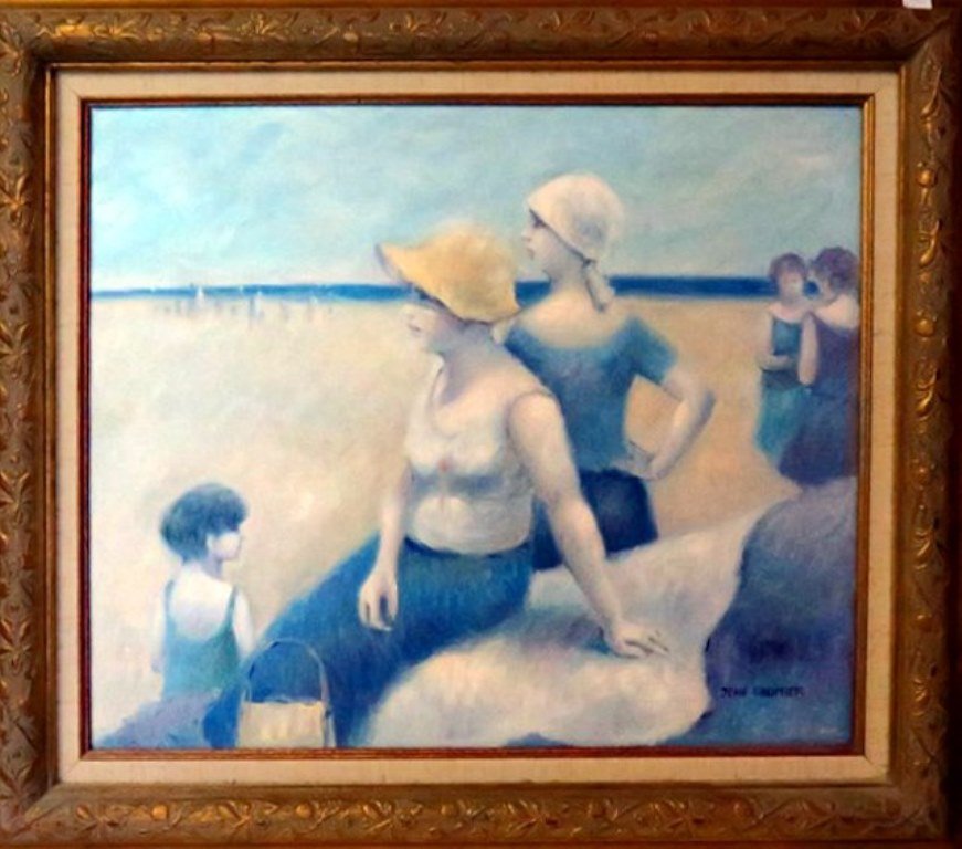 Daumier, Jean (b.1948, French) Seashore Scene: Impressionist oil on canvas. Depicting women in bathing costumes at the shore. Signed lower right Jean Daumier. Mounted in a custom gilt frame. 20¼" H X 24" W