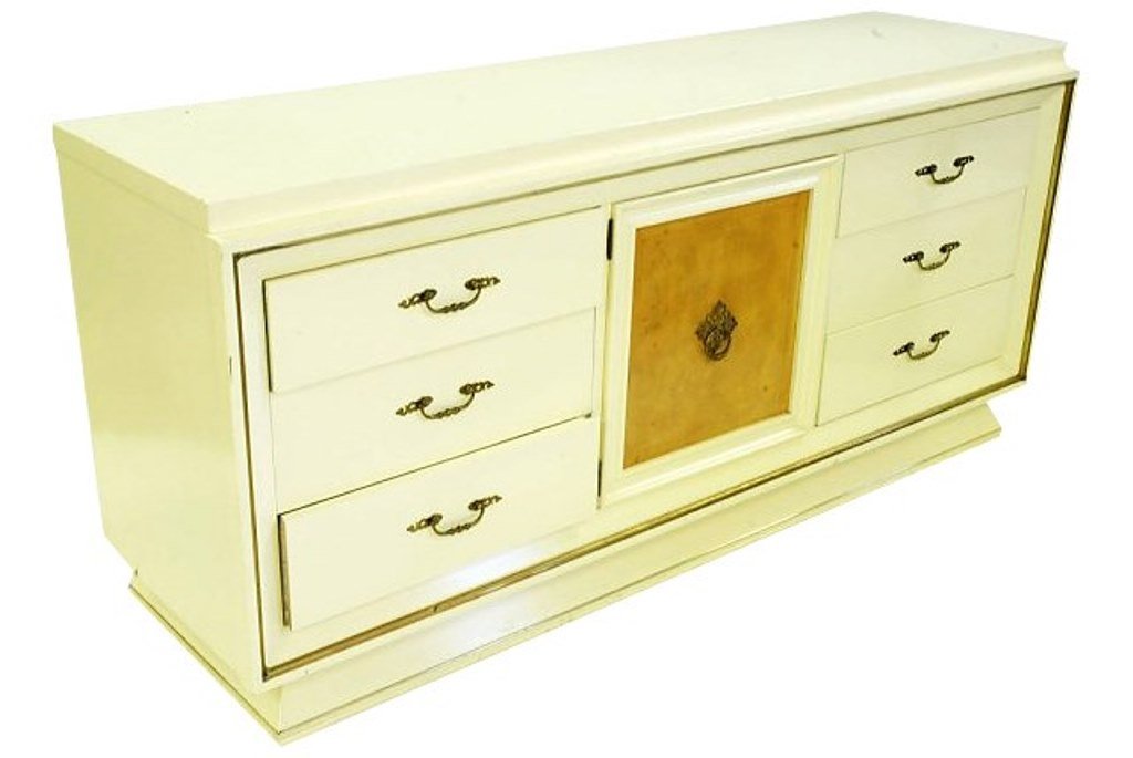 Mid-Century Credenza James Mont Style: James Mont Style credenza in white paint with three drawers each side flanking middle door 33"H X 70"W X 20 1/2"D 33"H X 70"W X 20 1/2"D