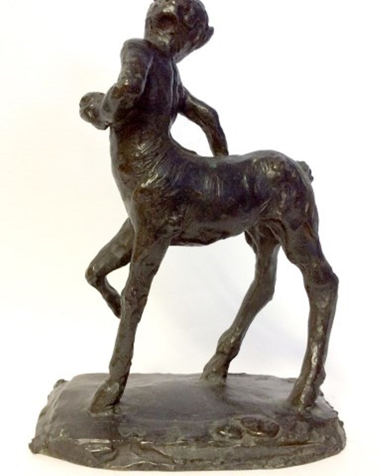 Falguiere, Jean Alexandre Joseph (1831, French): A dark patinated bronze sculpture depicting a Satyr. "Petit Centaur". Signed on front of base Falguiere with foundry stamp of A.A. Herraro. Measures: 6¼" L X 3¾" W X 9¼" H. Provenance: A fine upper