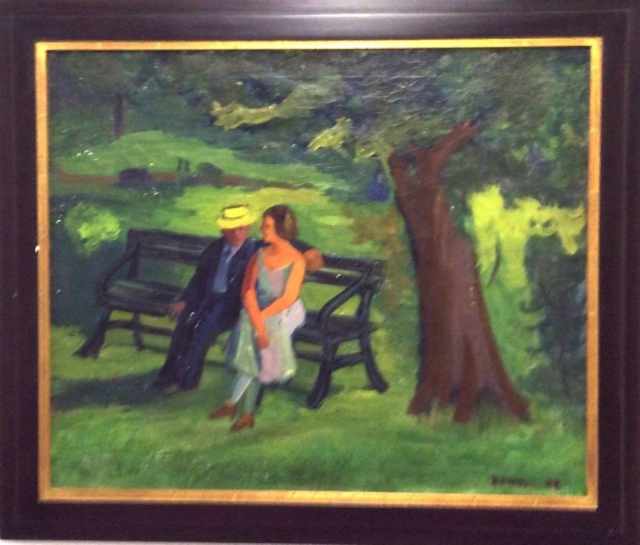 Benn, Ben (1884-1983, American) Painting: Oil on canvas. Depicting a couple seated on a park bench. Executed primarily in green tones. Signed lower right Benn and dated '37. Note: Relined. Custom framed. Measures: 24¾" H X 30¼" W. Provenanc