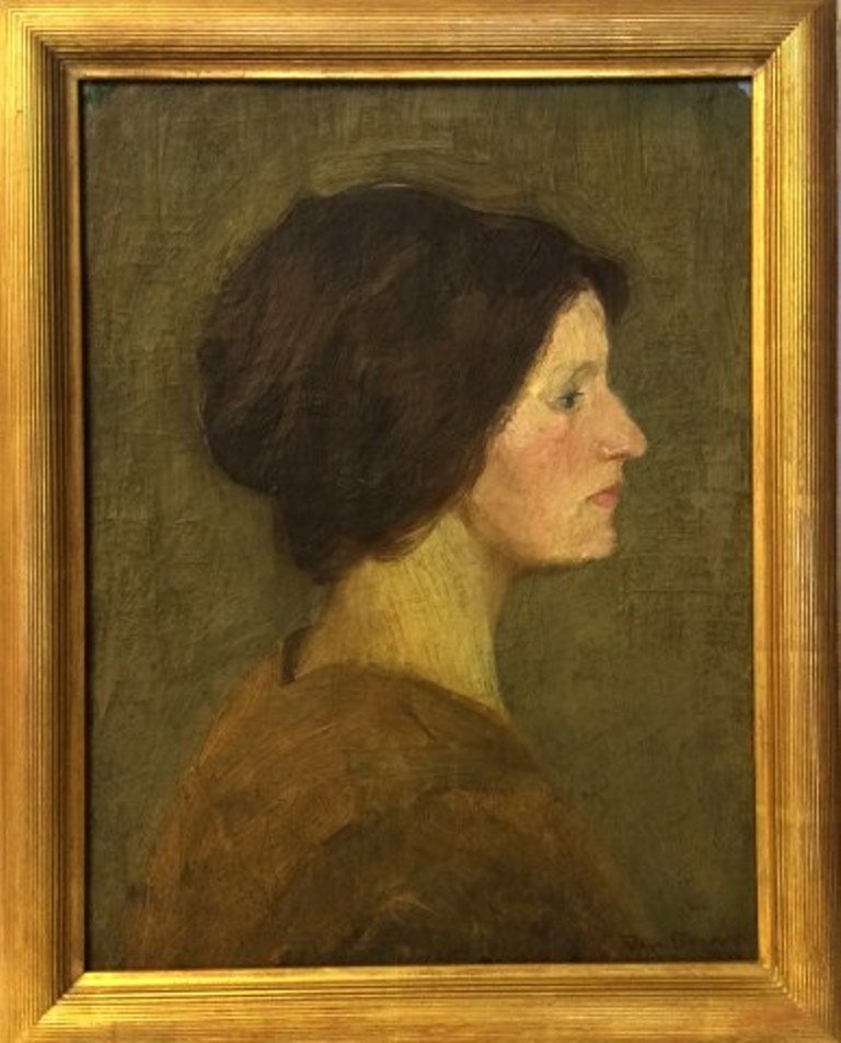 Benn, Ben (1884-1983, American) Portrait: Oil on board. Depicting a portrait of a woman in profile. A early work of the artist. Signed lower right Ben Benn and dated 1910. Custom framed. Measures: 18½" H X 14" W. Provenance: A fine upper wes