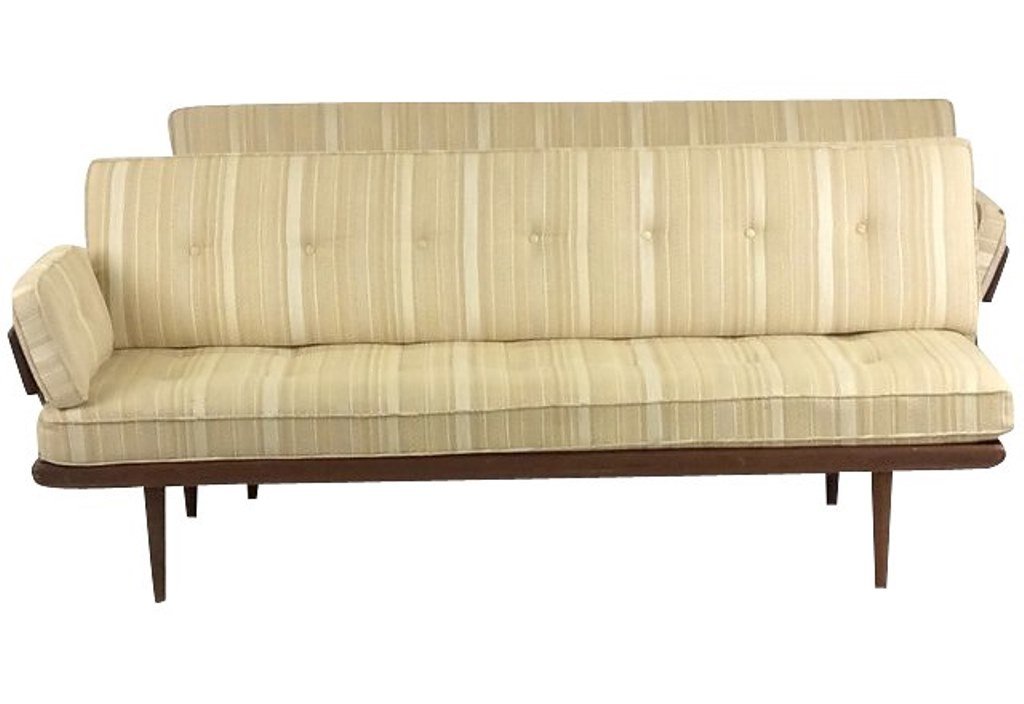 Pair Daybeds Peter Hvidt for John Stuart: Teak and polished chrome frames each fitted with opposing arms and fitted with loose beige stripped upholstered cushions. Peter Hvidt distributed by John Stuart both bear inset circular maker's and di