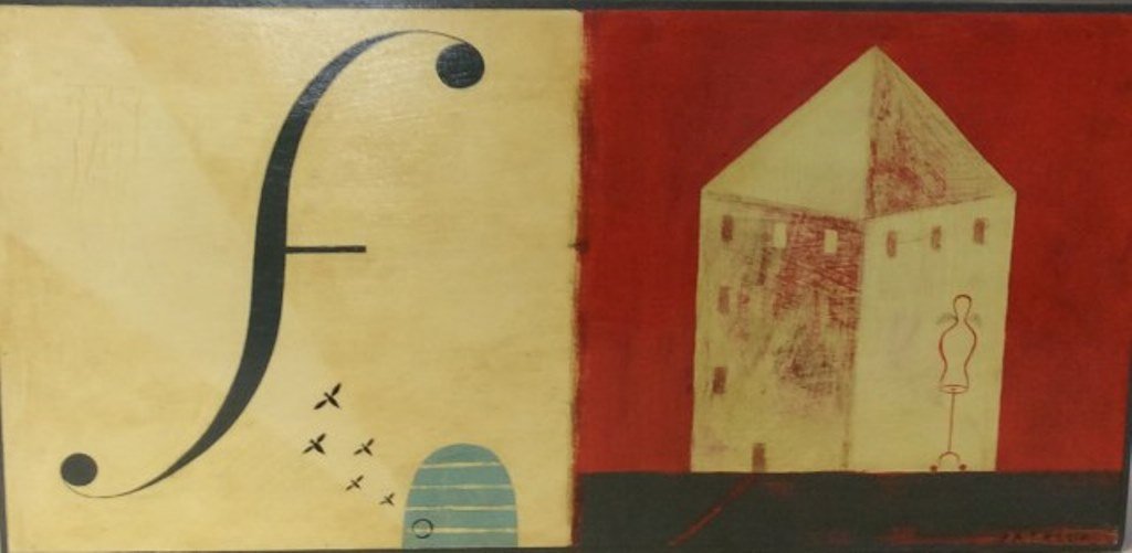 Patrick (20th Century, American): Modern split oil on panel. The left depicting a beehive and a G clef. The right depicting a winged dress mannequin before a building. Executed in cream, red and gray tones. Signed lower right Patrick.