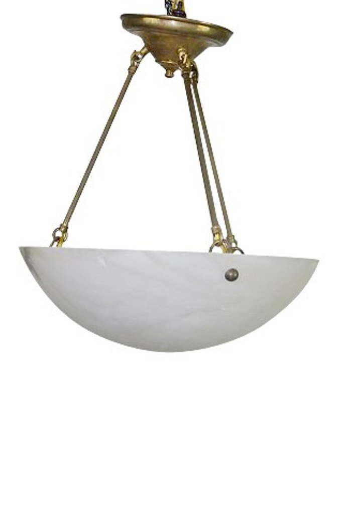 Alabaster Dome Fixture: A 20th Century Alabaster circular hanging dome fixture. Provenance: A fine upper west side Manhattan home. 17" H X 18" Diameter