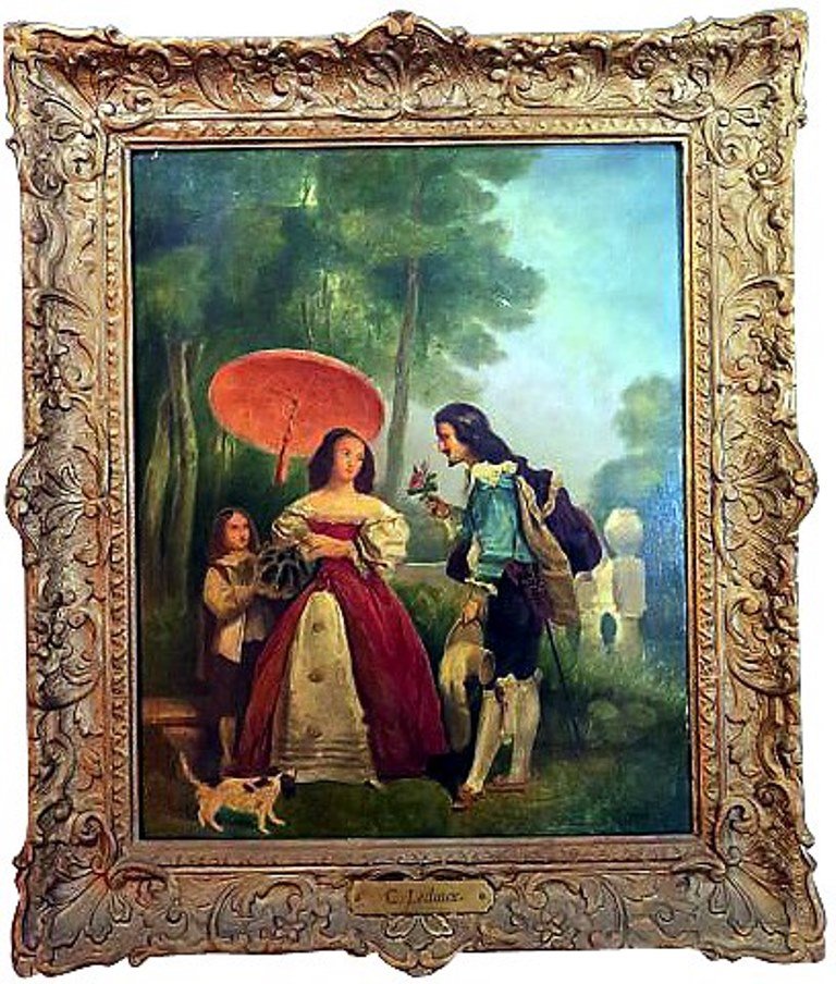 Ledoux, C (1736-1806, French): Oil on panel depicting a cavalier presenting a posey of flowers to a lady holding a feathered fan and standing under a pink parasol held by an attendant. Signed lower left C. Ledoux. Mounted in a peri