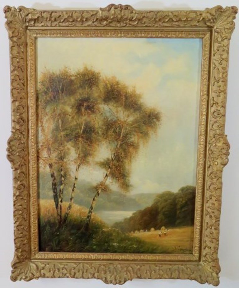 Armstrong, J. (19th C) Landscape Painting: A 19th Century European oil on canvas. Depicting wheat gatherers in an extensive birch tree river landscape. Signed lower right J.A. Bears label on verso: C. Benson & Co. Ltd, Beachy Road, Old Ford/Sc
