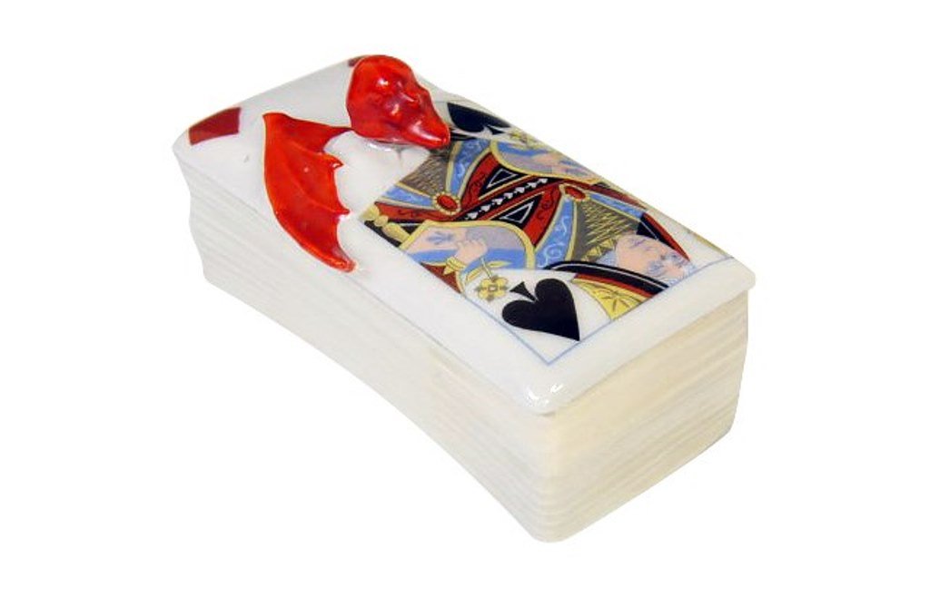 Royal Bayreuth Satan Card Lidded Box: Royal Bayreuth Satan Card Lidded Box. 2" H X 4" L X 2" W. Green Maker mark. 2"H X 4"W