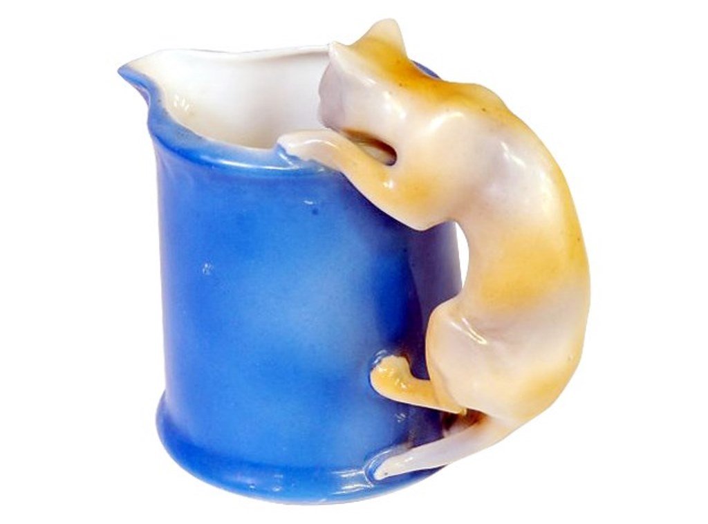 Royal Bayreuth Cat Pitcher: Royal Bayreuth Cat Pitcher with blue makers mark. Blue pitcher with cat handle. 4" H