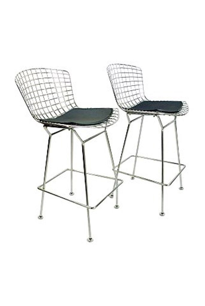 Pr Bertoia Bar Stool for Knoll: Wire seat with black vinyl cushions, metal frame.