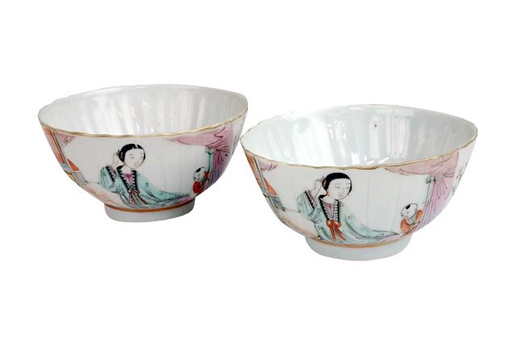 Pair Chinese Bowls: Two matching Chinese bowls with scene depicting mother and child. Ribbed body with scalloped rim. Red character mark. Note: One with small chip to foot rim and one with tiny glaze loss to rim. 2"H X 4