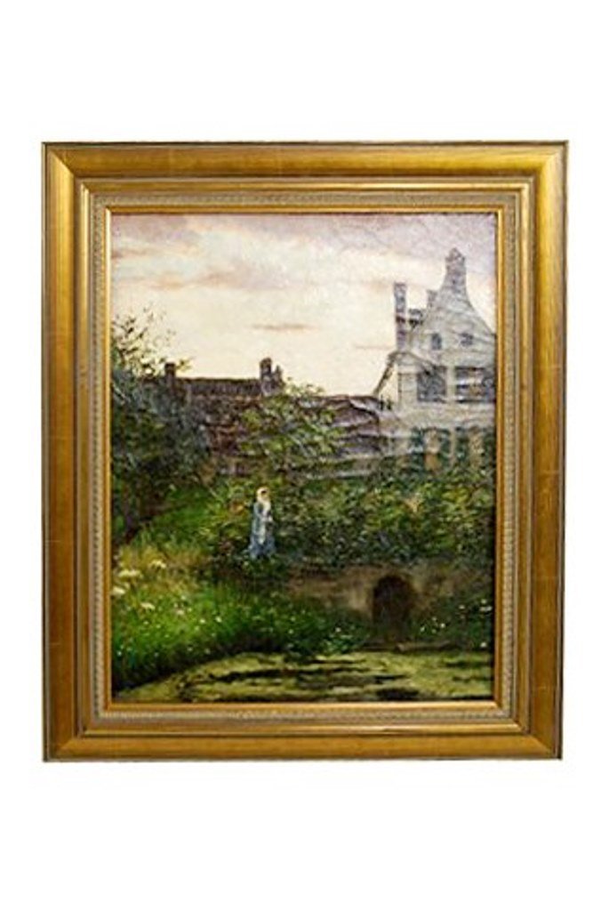 William Anderson Coffin 1885-1925: Oil on canvas, landscape with house and woman near a stream and foreground. Mounted in a gilt frame. 17 1/2"H X 14"W
