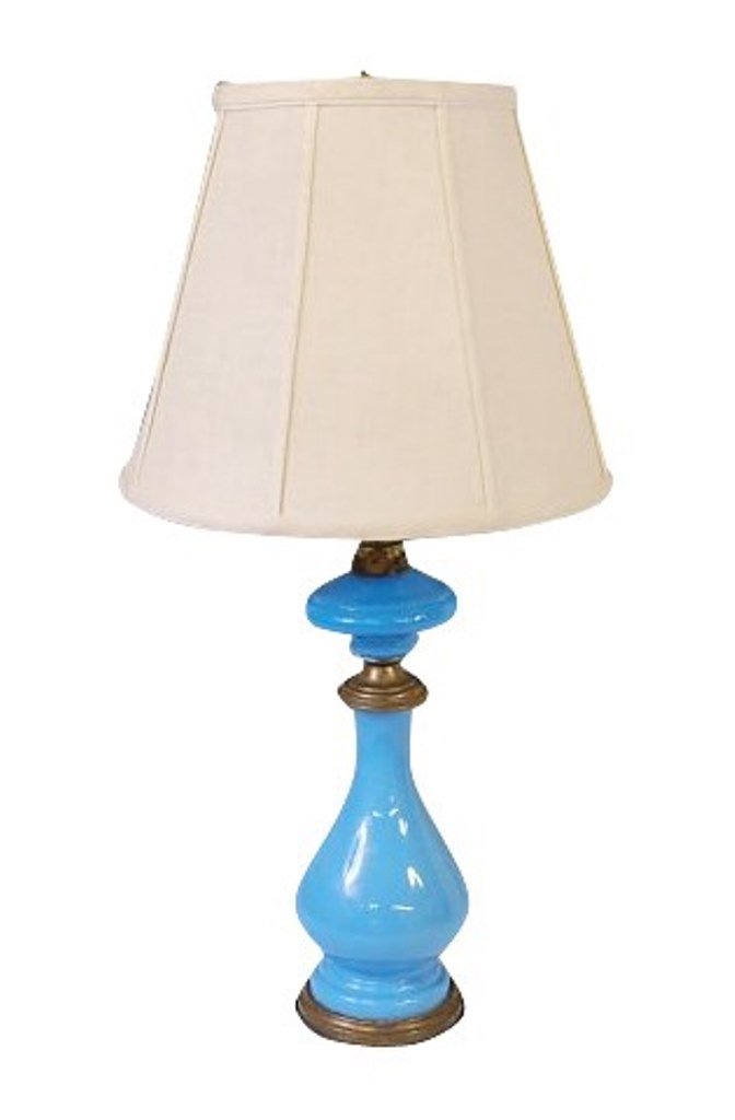 French Opaline Glass Oil Lamp: Victorian blue glass electrified lamp. 28"H X 4"W