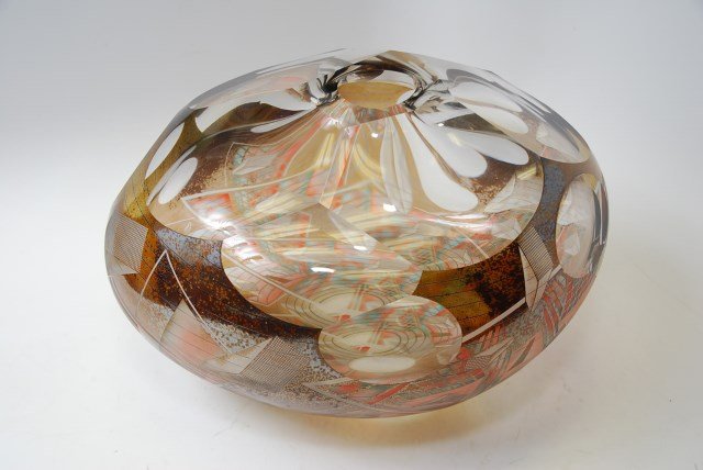 David Schwarz (b 1952, WA) Art Glass Bowl: Blown Glass, ground and polished facets with sandblasted and enamel painted decoration.Original gallery receipt for $5000 purchased 1992. Retail price $6000 - $800011"HX 15"W X 12"D