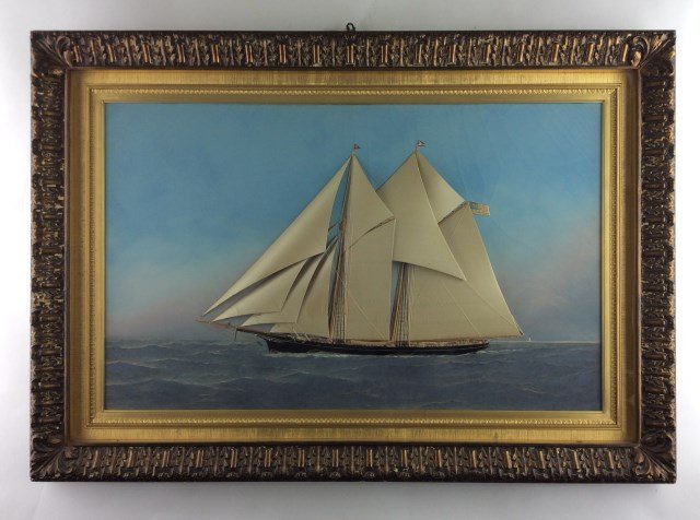 Silk and Oil on Canvas Sailing Ship: 19th CenturyOil on canvas with silk decoration form of an American Trade Ship. Relief applied sails and embroidered featuring sailors in the ships ridge.Mounted in gilt frame.Good conditionOverall siz
