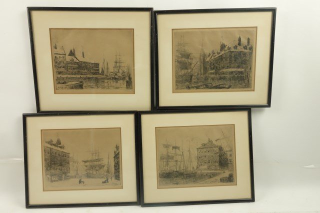 Hunter, F Leo (NY, 1858-1943) Four Etchings: Frederick Leo Hunter. Group of four New York etchings depicting ships. Each pencil signed lower right. The Old East India Wharf 187? At The Foot of Maiden Lane New York NY Peck Slip New York, NY 1879