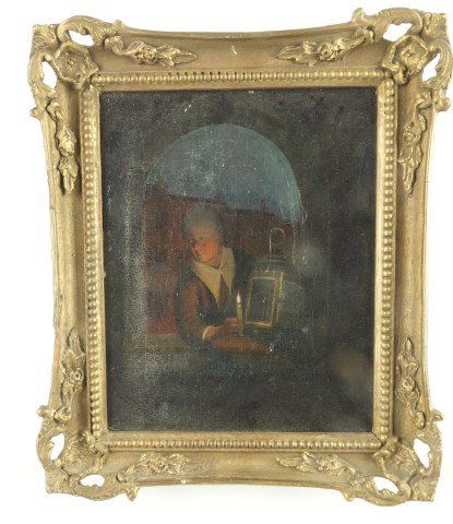 Antique Oil on Canvas Candle Lit Young Man: European Oil on canvas depicting a young man with a lit candle and lantern looking through an open window. Very dark and appears unsigned. Sight: 11"H X 8 3/4"W