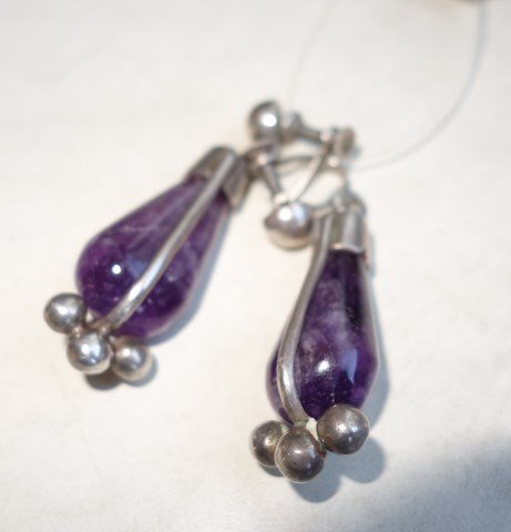 William Spratling Sterling Amethyst Earrings: Taxco Mexico Spratling signed clip-on earrings 2"L