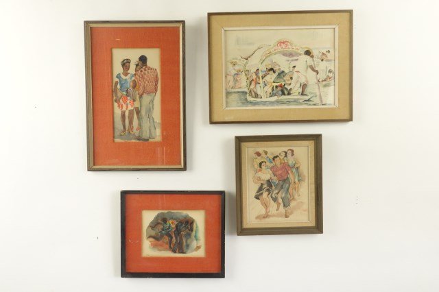 Group Four Caribbean Watercolors Rhythm Dancers: Caribbean style watercolors. One illegibly signed and the others initialed lower left L.E. or S.E. All by the same artist Sight: 5 3/4"H X 8 3/4"W, 9"H X 7 1/2"W, 11 1/4"H X 5 3/4"W, 9 1/4"H X 13 1/4"