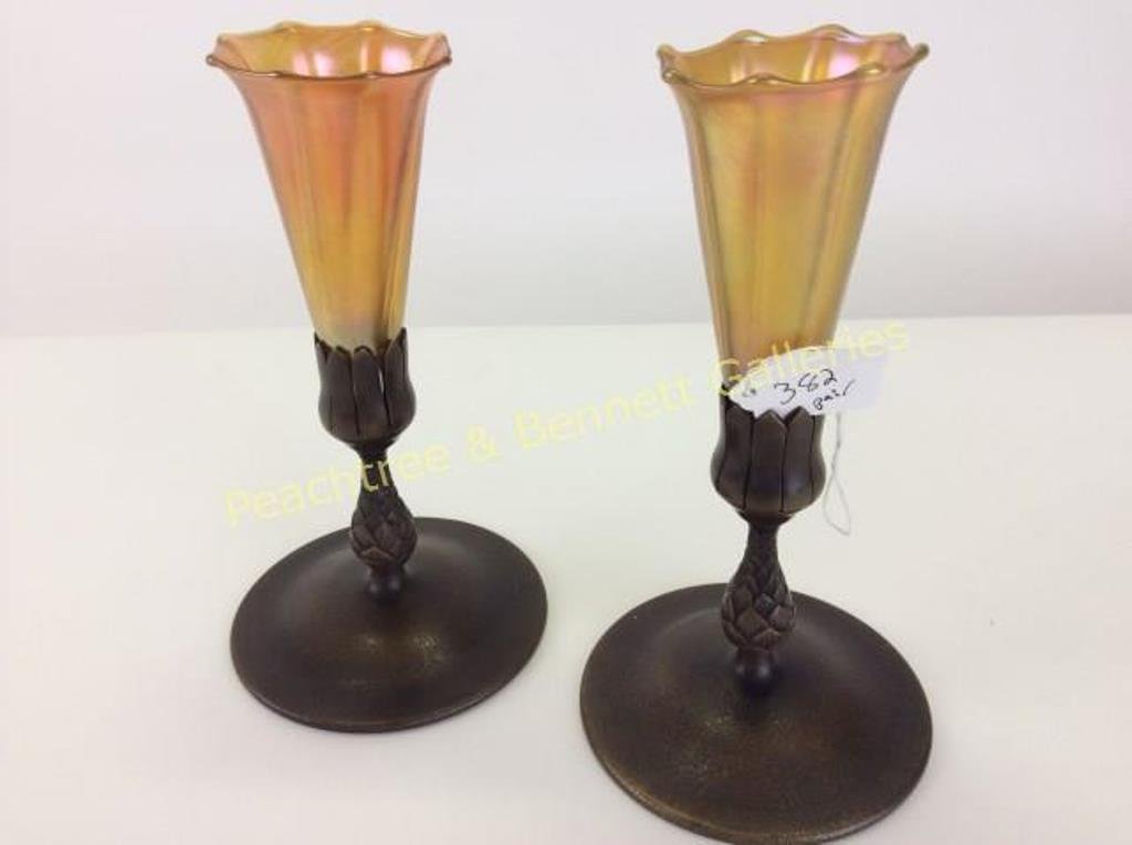 Pair Tiffany Studios Favrille Glass Vases: Pair vases. Bases marked Tiffany Studios New York and 1043. Trumpet form Favrille glass vases. 8 3/4"H X 5" Dia. Base