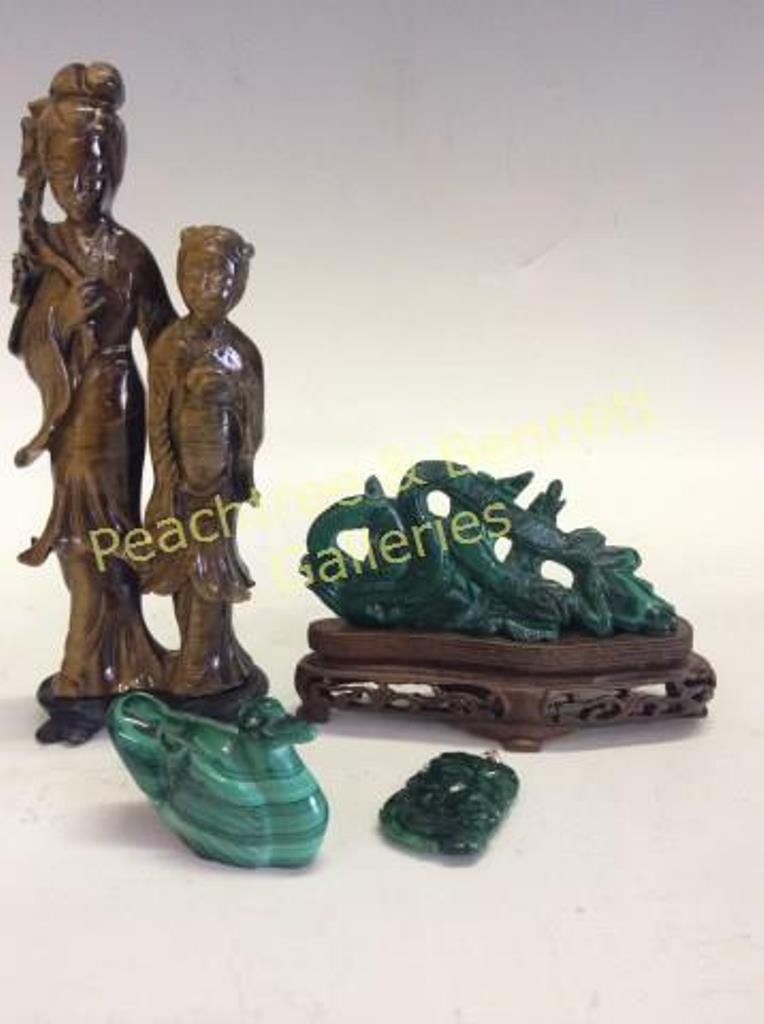 Group Four Chinese Stone Carvings: Includes malachite carved pendant (1.75"H) and 1 tiger, malachite carved duck (2"), carved figural group of snakes and a frog (2.5"H), carved figural group of mother and child (8"H). Note: minor loss