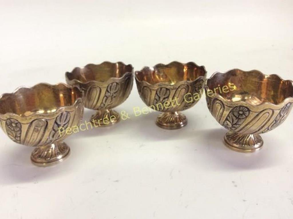 Set Ottoman Empire Sterling Zarf Coffee Cups: Four Turkish zarf coffee cups with gilt wash interior. Tugra Mark of the Sultan and Shah stamp. 8.3 Troy Oz total 1 5/8"H X 2 1/8" Dia.