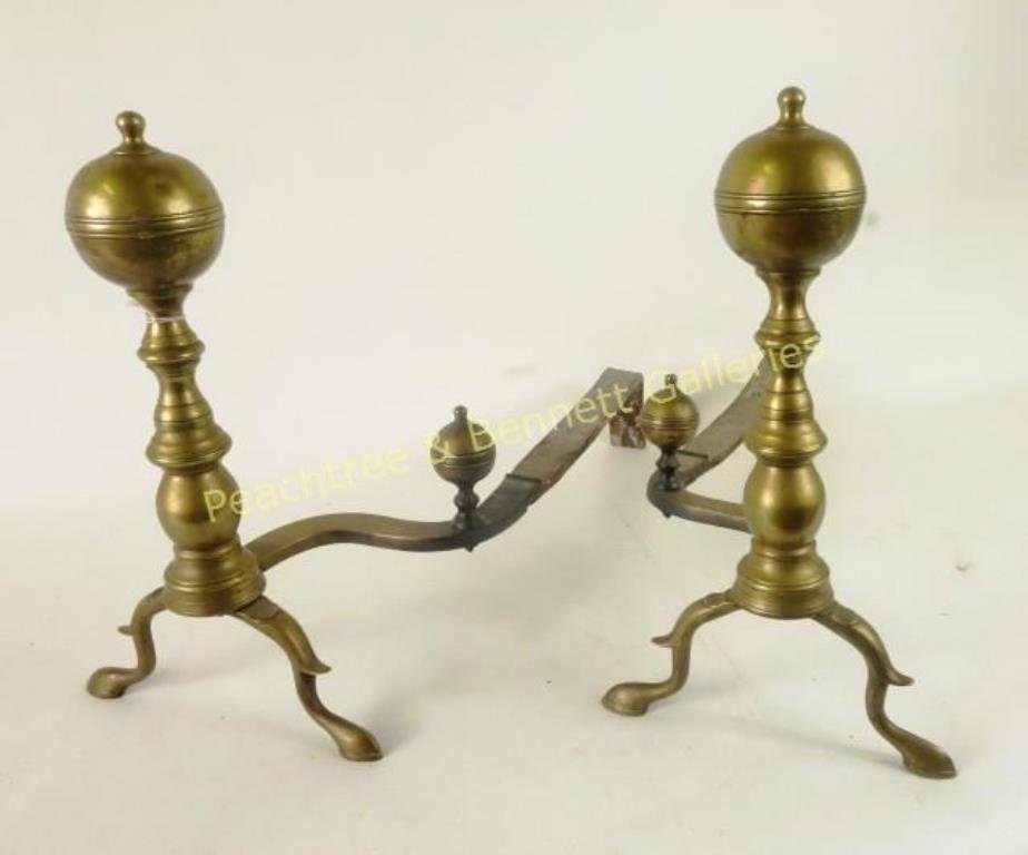 Pair 18th C American Andirons: Pair of brass andirons with ball shaped finials 18"H X 23"D X 12"W