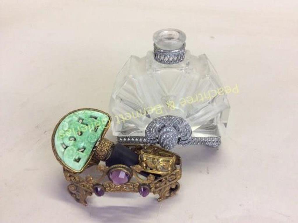 Hoffman Glass Perfume Bottle & Parts: A clear crystal perfume bottle with non forming base and stopper.